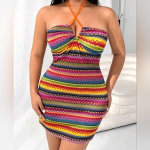 Shein Halter Casual Summer Multicolor Strapless Bodycon Dress Size 12